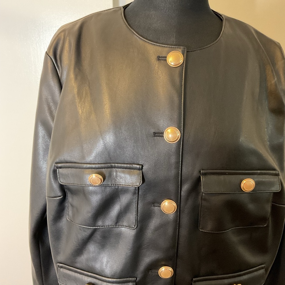 H&M Black Faux Leather Collarless Blazer Gold Button Jacket Size XL - Picture 6 of 9
